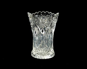 Vintage American Brilliant Style Crystal Glass Saw-Tooth Edge Czech Bohemian Queens Lace Pattern Hand Cut Medium Size Vase Wedding Decor