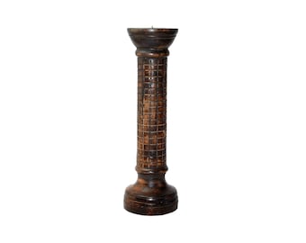 Vintage grande marrón madera maciza tallada de madera cilíndrico votivo pilar portavelas cilindro candelabro titular India hecho Boho decoración del hogar