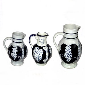 3 Vintage Stoneware Trink Aus Stein Grey Cobalt Blue Small Pitchers Wine Jug West German Pottery Farmhouse Country Kitchen Rustic Shef Decor