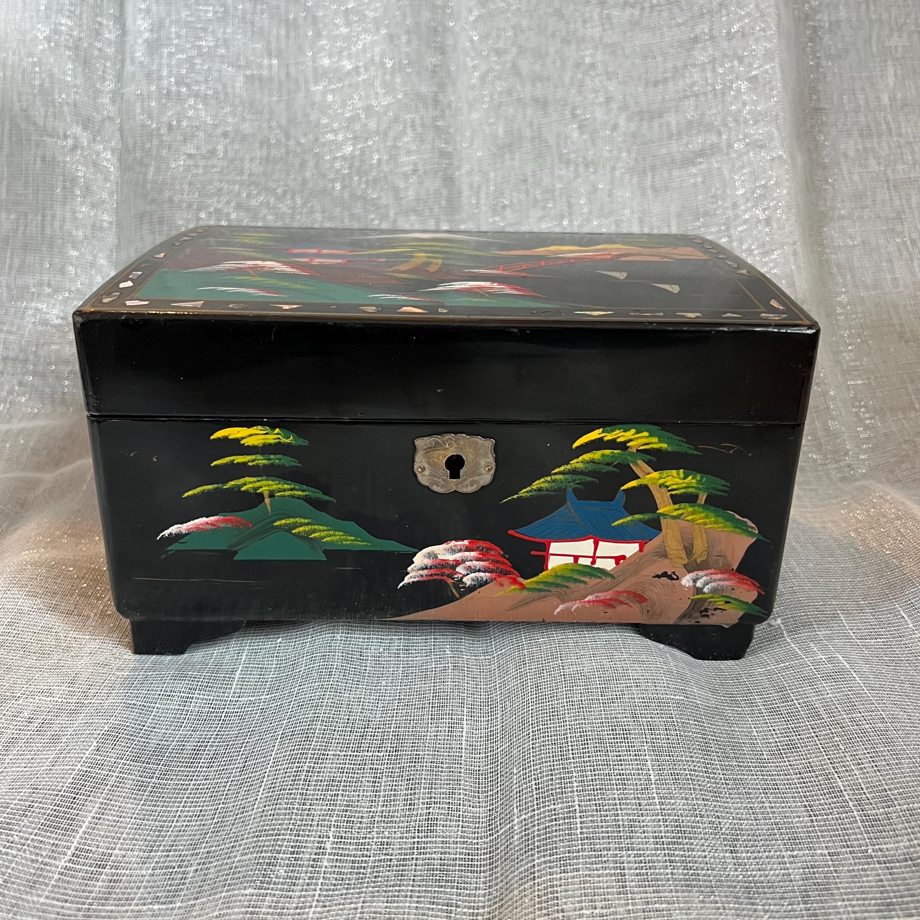 Vintage Japanese Black Lacquer Jewelry Box Avalon Shell