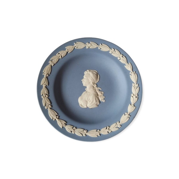 Vintage Wedgwood Jasperware Cameo Portrait Princess Anne Wedding Pale Blue Round Small Trinket Dish Pin Ring Plate  Vanity Table Wall Decor