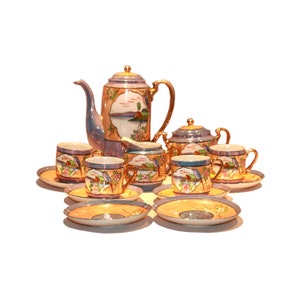 Vintage Mikori Japan Lustreware Blue Gold Espresso Coffee Set Exotic Birds Sakura Landscape 13 pieces