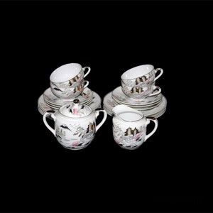 Vintage Kutani Japanese Hand Painted Fujiyama Mount Fuji Geisha White and Silver Lithophane Fine China Eggshell Tea Set Coffee Set 18 pieces