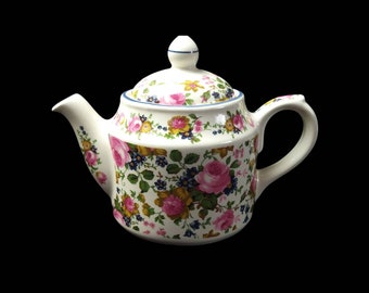 Vintage White China Sadler Teapot Olde Chintz Pink Roses Blue Beige Floral Pattern Small Two Cups Tea Pot Retro Kitchen Decor