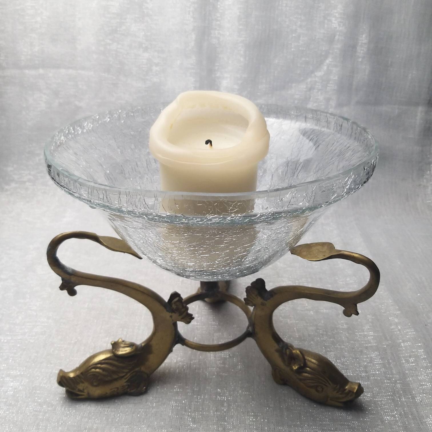 Vintage Crackle Glass Potpourri Bowl Vase on Golden Brass Etsy