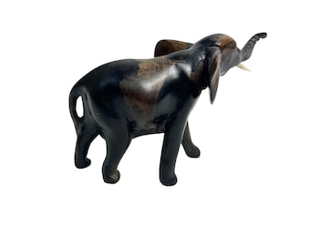 Vintage Small Wooden Elephant Hand Carved Dark Brown Black Ebony Wood Lucky Figure Statue Trunk Up Boho Eco Friendly Home Office Decor