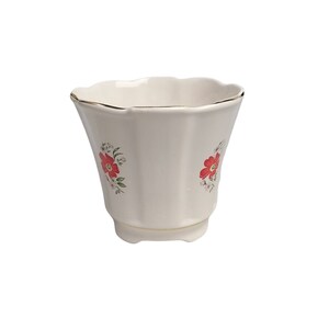 1 vintage liten inomhuskruka Staffordshire England Westfield Art Pottery vit keramik porslin röd blomma guldfärgad vågig kant växtkruka