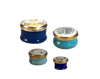 Vintage The Staffordshire Enamels England Blue Floral Gold Lidded Trinket Pillbox Ring Jewelry Box