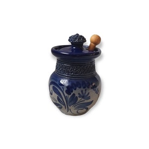 Vintage Gres D&#39;Alsace Dany & Didier Tonin Grey Pottery Stoneware Cobalt Blue Scrolls  Lidded Honey Pot Small Condiment Jar Wooden Spoon
