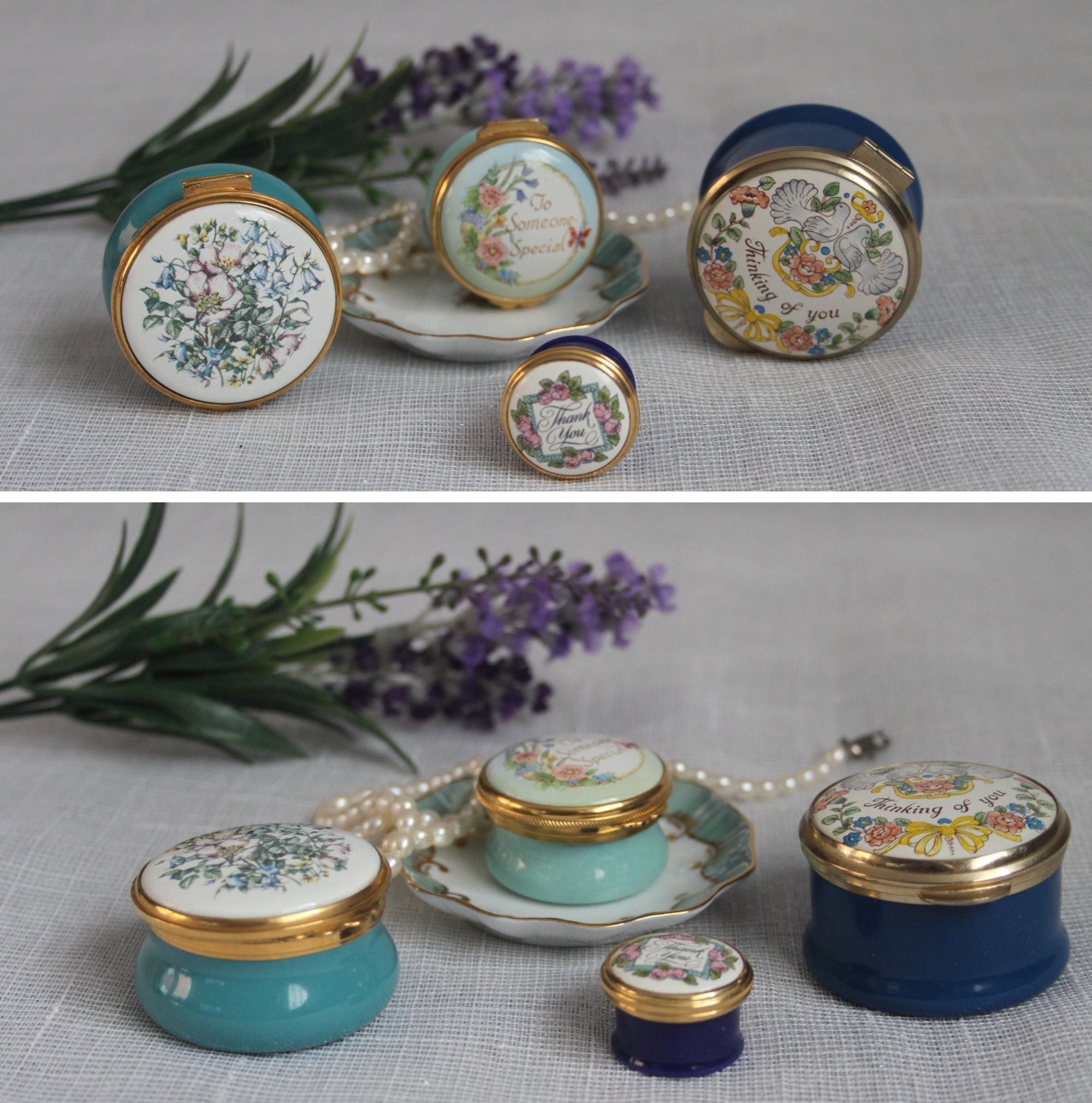 英国STAFFORDSHIRE ENAMELS ピルケース　テディベアピルケース Vintage the Staffordshire Enamels England Blue Floral Gold