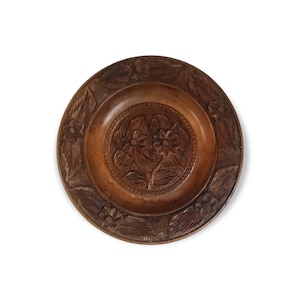 Vintage Traditional Brown Wood Carved Floral Mosaic Round Wall Disk Plate Boho Retro Farmhouse Kitchen Wall Hanger  Decor