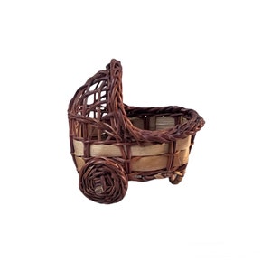 Vintage Dollhouse Miniature Brawn Wicker Rattan Carriage Pram Basket  Plant Holder Handmade Retro Furniture Cottage Chic Nursery Decor