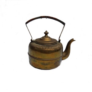 Vintage Brass Lidded Rattan Handle Kettle Collectible Teapot Watering Can Cottage Farmhouse Kitchen Retro Decor