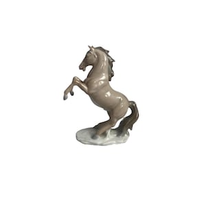Vintage Grey Beige Glazed Porcelain Oval Base Rearing Horse Statue Sculpture Mid-century Modern Figure Figurine Home Shelf Desk Office Decor