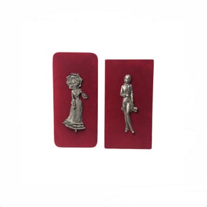 Vintage Pewter Les Etains Du Galion 3D Red Velvet Base Wall Plaque French Pewter Art Victorian Lady with Umbrella L.Legris Amiens in a Suit
