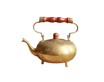 Vintage Toddy Kettle Brass Footed Small Detailed Flower Ornate Wood Handle Made in India Teapot Kitchen Decor Watering Can