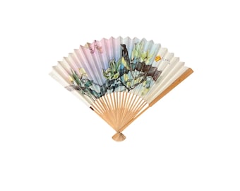 Vintage Small Hand Fan Bamboo Wooden Paper Off White Ivory Flowers Birds Asian Boho Hippie Wall Decor