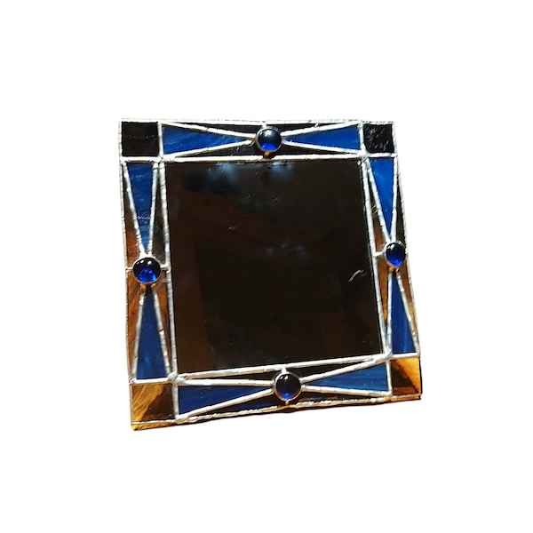 Vintage fait à la main bleu violet vitrail en plastique étain Patchwork mosaïque cadre carré libre support miroir Boho décor à la maison