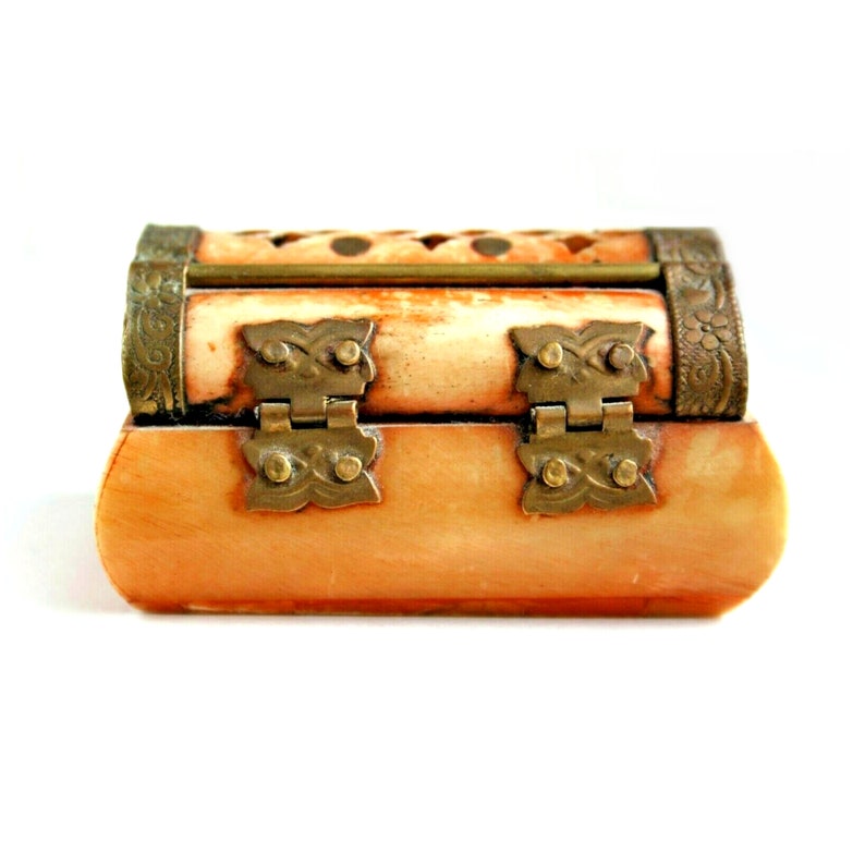 Vintage Morocco Camel Bone & Brass Trinket Box Velvet Lined Etsy