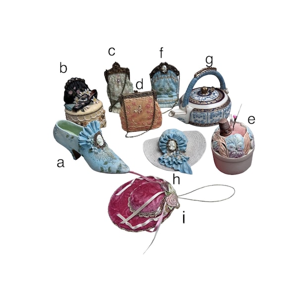 Vintage Victorian Style Collection Hat Bag Shoe Miniature Ornament Ceramic Ladies Accessories Phantom of the Opera Music Box Pincushion Box