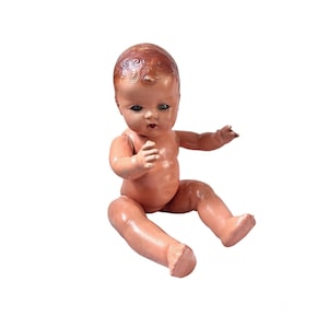 Vintage Antique German Baby Doll Composition Jointed Ply Body Head Metal Carcass Brown Molded Hair Blue Sleepy Eyes Retro Collectible Toy