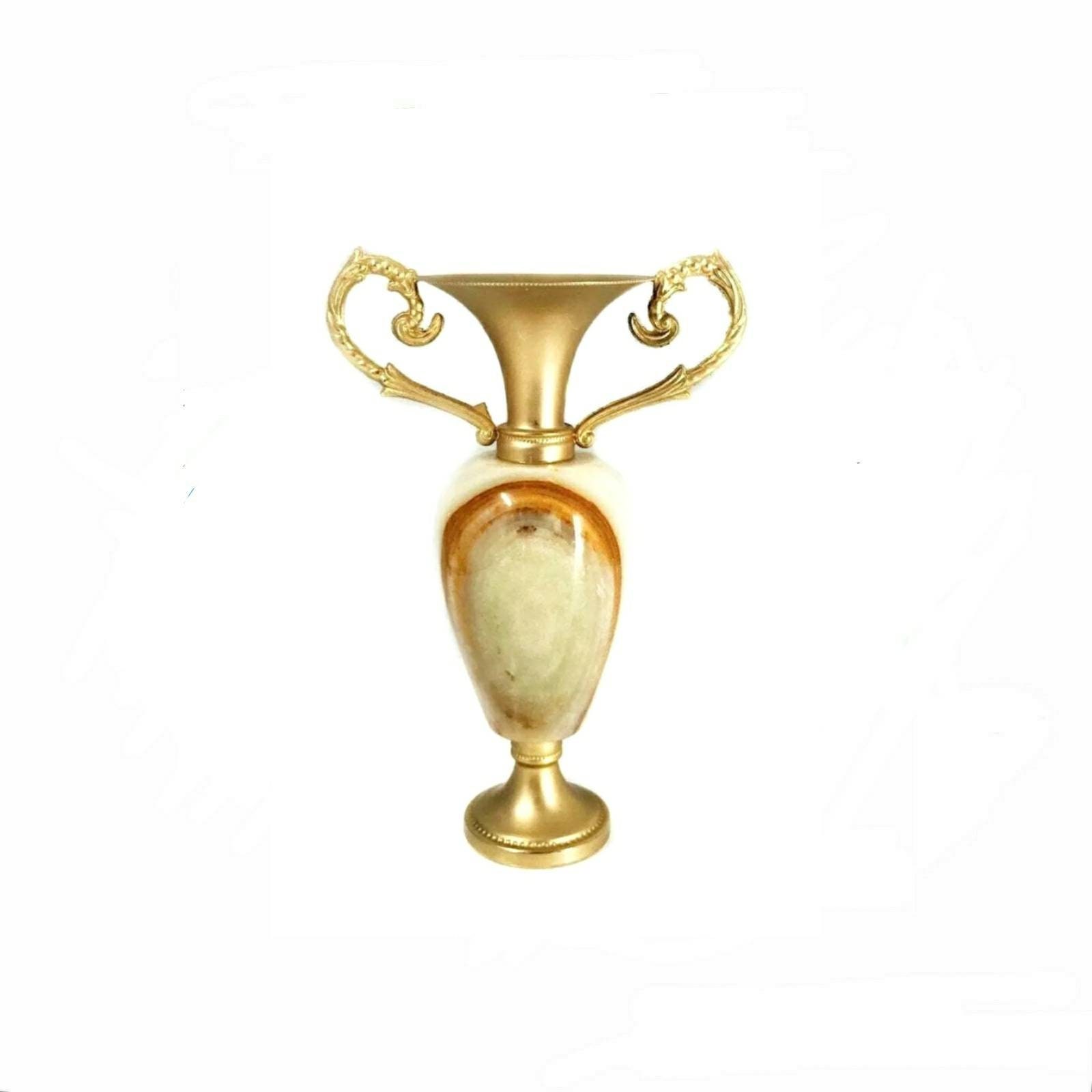 vintage pierre, onyx et laiton, porte-bougeoir décoratif ouvragé, vase à deux anses, urne, bohème bohème, étagère de bureau domicile, idée cadeau