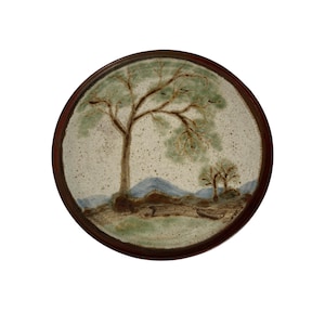 Vintage 88 Signed Studio Pottery Stoneware Trees Landscape Round Tray Beige Brown Green Blue Platter Charger Plate Hand Crafted Home Decor