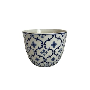 Vintage White & Blue Hand Painted Oriental Floral Pattern Planter Glazed Ceramic Plant Pot Indoor Flower Arrangement Farmhouse House Decor
