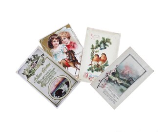 4 Antique Merry Christmas Greetings Post Card Authentic Old British Postcards 1910's Time WWI Signed Raphael Tuck Sons E.A. Schwerdtfeger Co