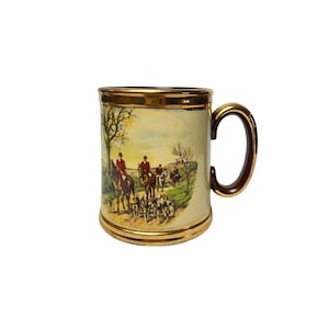 Vintage Wide-Based Mug Gibsons England Fox Hunting Theme 1950s Ceramic Beer Stein Tankard Pint Mug English Pottery Beige Brown Gold