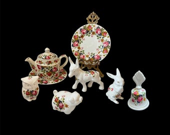 Vintage Sadler Olde Chintz Floral Pattern Teapot Side Plate Bell White Fine Bone China Easter Bunny Rabbit Piggy Owl Donkey Figurines Set