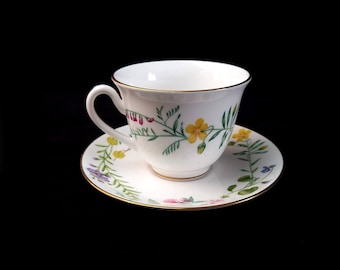 Vintage Royal Worcester Fine Bone China Coffee Tea Cup and Saucer White Green Multicolored Flowers Botanic Garden Kitchen Decor