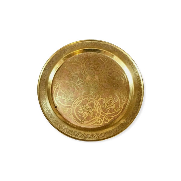 Vintage Brass Embossed Patterned Ornate Round Serving Tray Side Table Top  Decorative Wall Decor