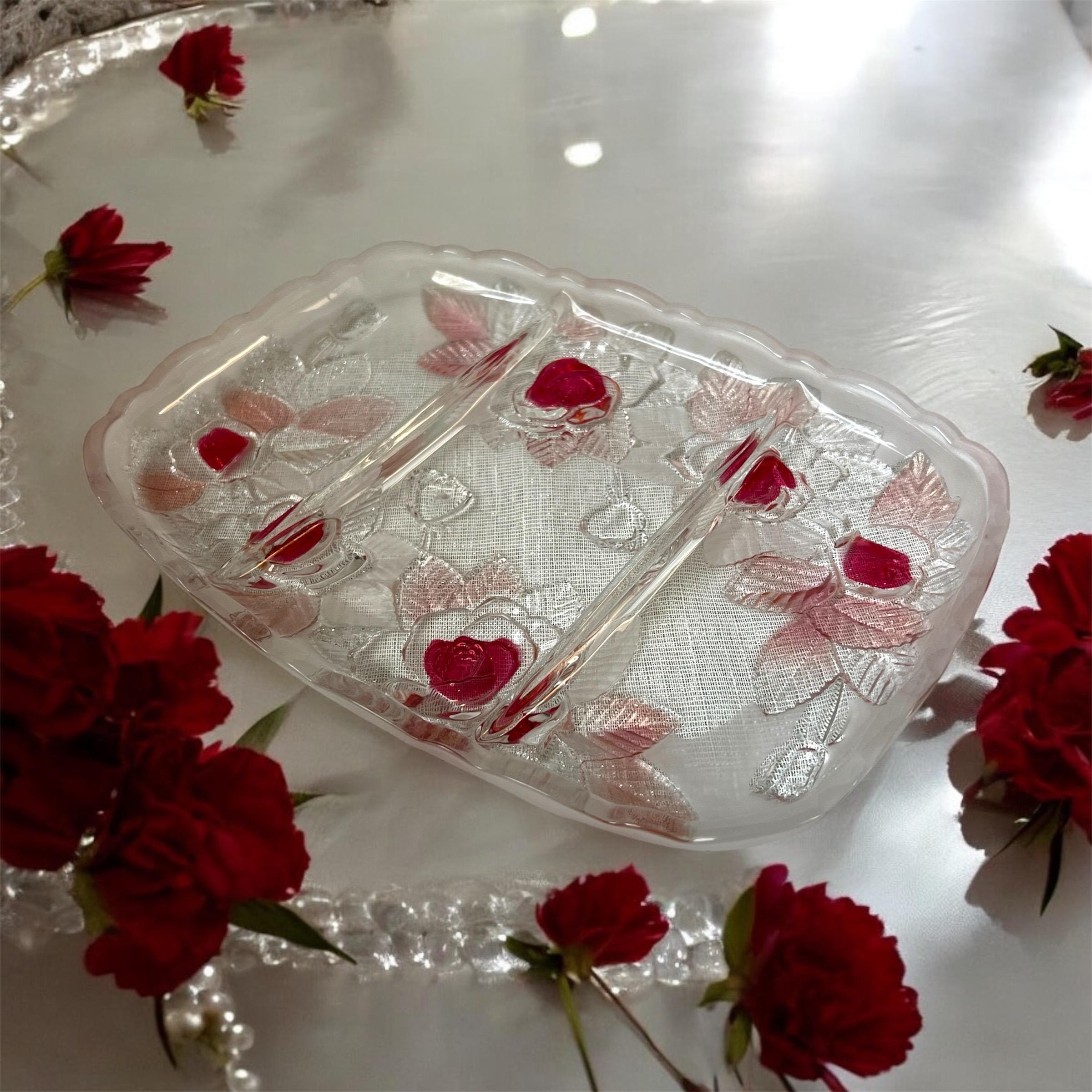 Vintage Ice Rose A1709S Rectangular Section Plate Soga Japan Clear