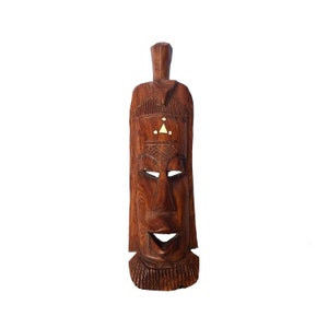 Vintage African Wooden Carved Tribal Smiley Mask Folk Art Home Wall Decor Brown Traditional Ethnic Tribal Native Art