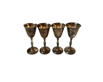 4 x Vintage Silver Plated on Brass Cavalier Made In England Goblet Wine Glass Retro Candle Holder Brandy Liquor Wineglass Retro Gift