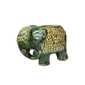 Vintage Antique Art Deco Style Large Green Beige Glazed Ceramic Indian Elephant Plant Pot Planter Vase Lucky Figure Statue Boho Ornament