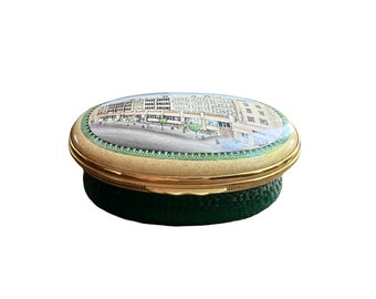 Vintage Dark Green Enamelled and Gold Brass Frame The Hospitals for Sick Children Great Ormond Street London Halcyon Days Trinket Pill Box