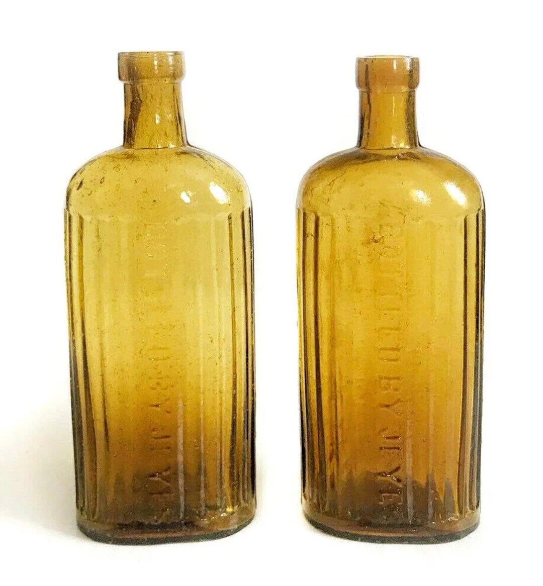 2 X Vintage Brown Amber Glass Drink Rectangular Bottle Jeyes Vase ...