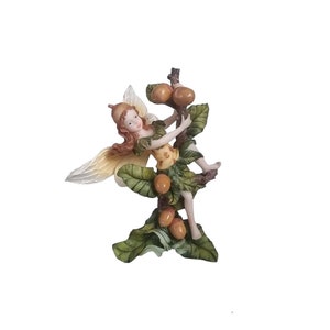 Vintage Resin Summer Forest Acorn Cute Fairy Figurine Swinging on the Oak Tree Branch Fantasy Gift Idea Home Shelf Decor Green Brown Yellow