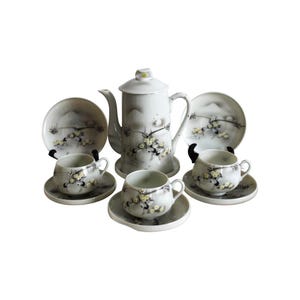Vintage Japanеse Moriage Grey Eggshell China Espresso Coffee Set Cops Saucers Teapot Crane Stork Birds Sakura Landscape Handpainted