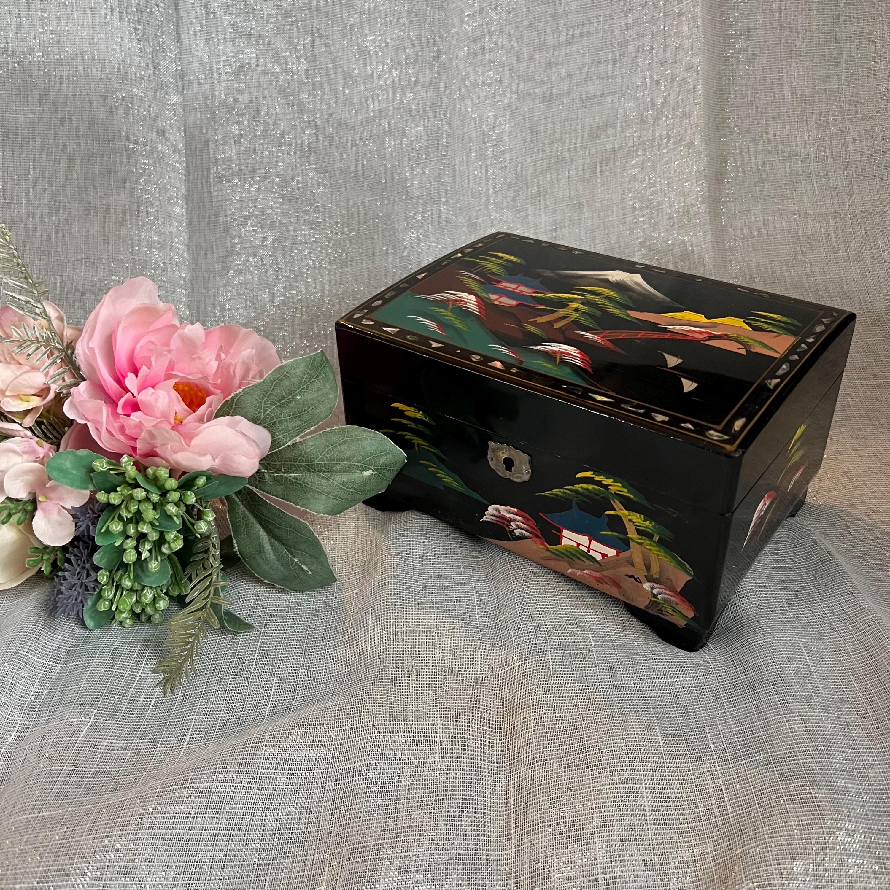 Vintage Japanese Black Lacquer Jewelry Box Avalon Shell