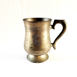 Antique Vintage Engraved Brass EPNS Tankard Pint Mug Barware Gift For Him Idea Man Cave Rustic Farmhouse Home Kitchen Decor