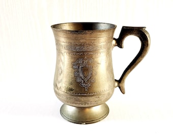 Antique Vintage Engraved Brass EPNS Tankard Pint Mug Barware Gift For Him Idea Man Cave Rustic Farmhouse Home Kitchen Decor