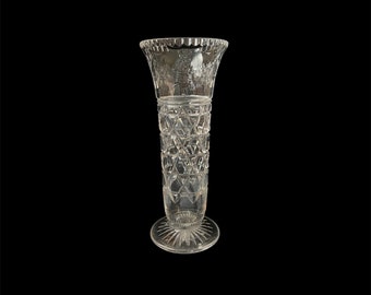 Vintage Czechoslovakia Bohemia Lead Crystal Clear Glass Floral Etched Diamond Cut Trumpet Footed Vase Flower Arranger Wedding Decor 9"