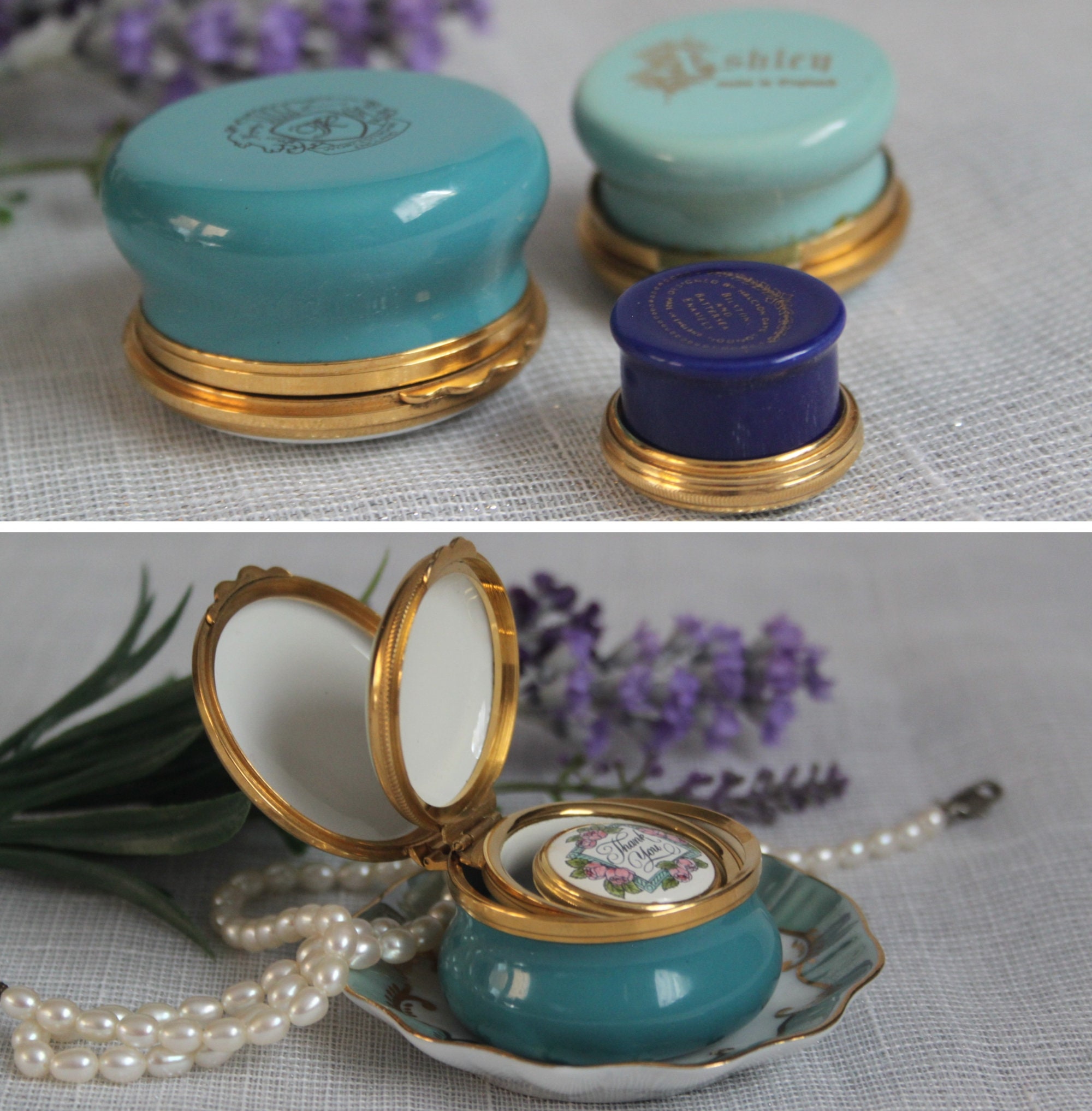 英国STAFFORDSHIRE ENAMELS ピルケース　テディベアピルケース Vintage the Staffordshire Enamels England Blue Floral Gold