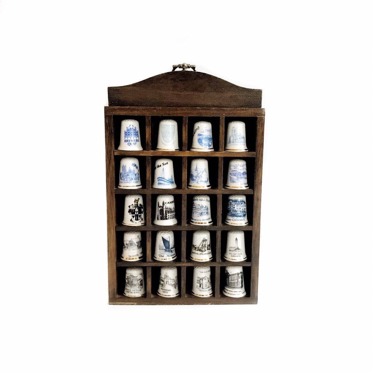 20 Vintage Porcelain Sewing Decorative Thimbles Geographic Town Collection  Blue Black White in Wooden Display Case Shelf Holder Gift Idea 