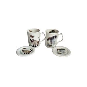 Peut inclure: Deux tasses et soucoupes en céramique blanche avec des illustrations de chats. L'une représente un chat siamois et des papillons, l'autre un chat gris et blanc duveteux. Les soucoupes reprennent les motifs des tasses.