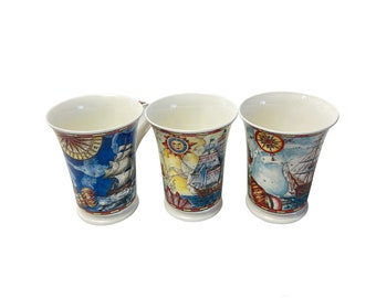 Vintage Dunoon Umberto Banchelli Messina Mythology Marine Frigate Ships Designs White Multicolored Gold Leafed Fine Bone China Mugs Cups