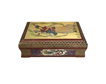 Vintage Midle East Khatam Marquetry Wooden Jewelry Box: Handpainted Lovers, Birds and  Flowers